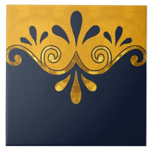 Abstract ornamental shape in navy blue and gold ceramic tile