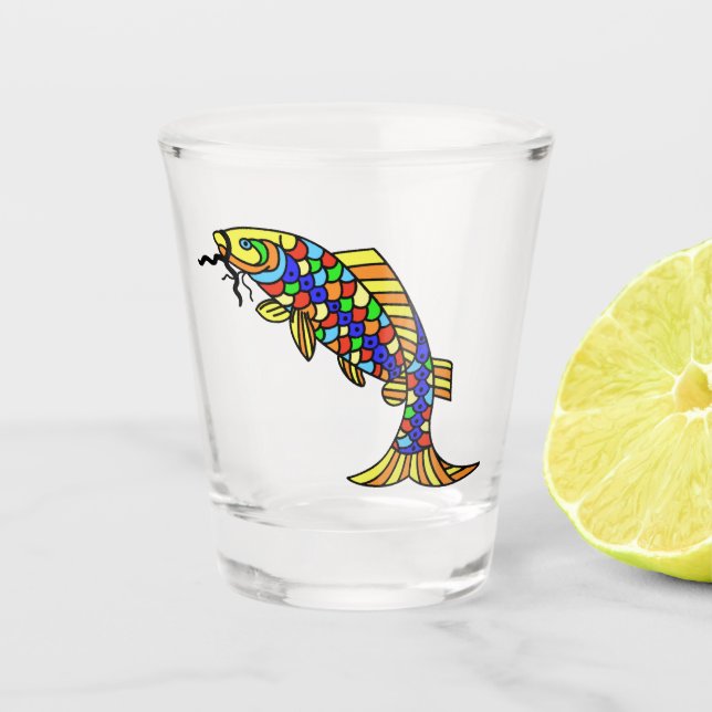 Abstract Ornate Fish Boldly Colored Scales Fins Shot Glass (Front)