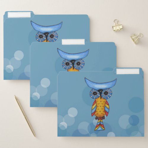 Abstract Owl Blue Head Eyes Colorful Feathers Blue File Folder