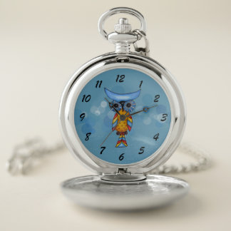 Abstract Owl Blue Head Eyes Colorful Feathers Blue Pocket Watch