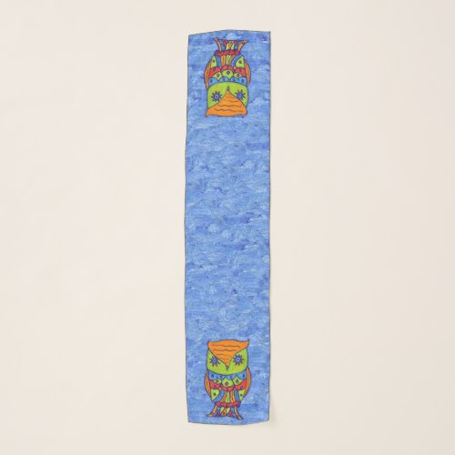 Abstract Owl Bright Neon Colors on shades of Blue Scarf