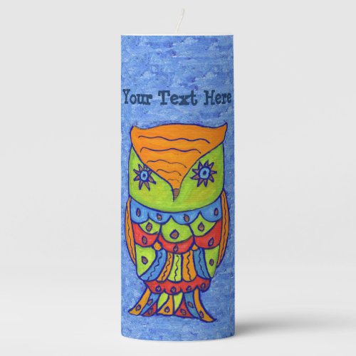 Abstract Owl in Bold Bright Colors Star Eyes Blue Pillar Candle