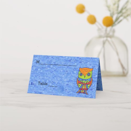 Abstract Owl Neon Colors Star Eyes on Blue Place Card