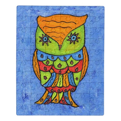 Abstract Owl Star Eyes Bright Neon Colors on Blue Jigsaw Puzzle