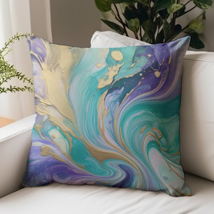 Abstract Paint Aqua Gold Purple Throw Pillow