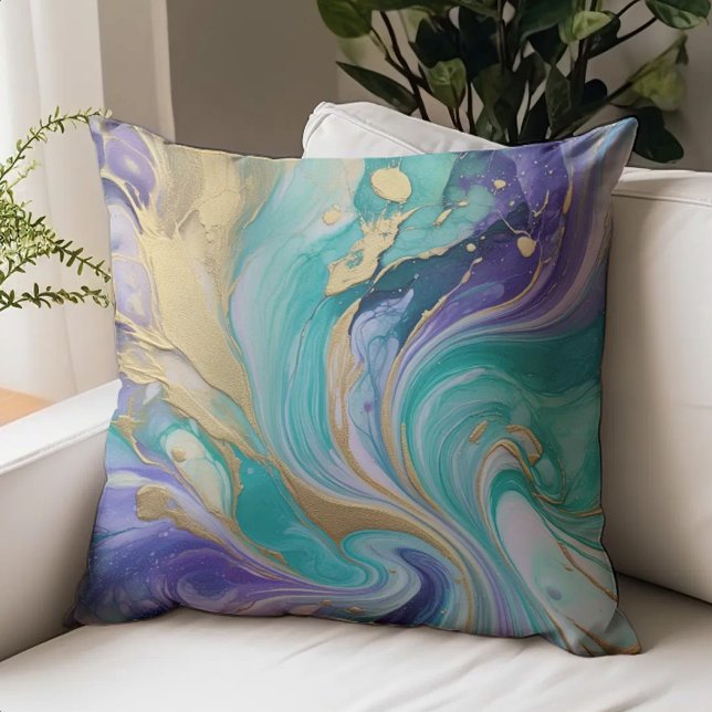 Abstract Paint Aqua Gold Purple Throw Pillow (Creator Uploaded)