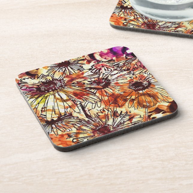 Abstract Paint Daub Sunflower Pattern Beverage Coaster (Left Side)