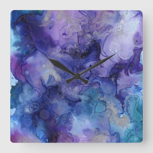 abstract paint purple colors blue gray square wall clock