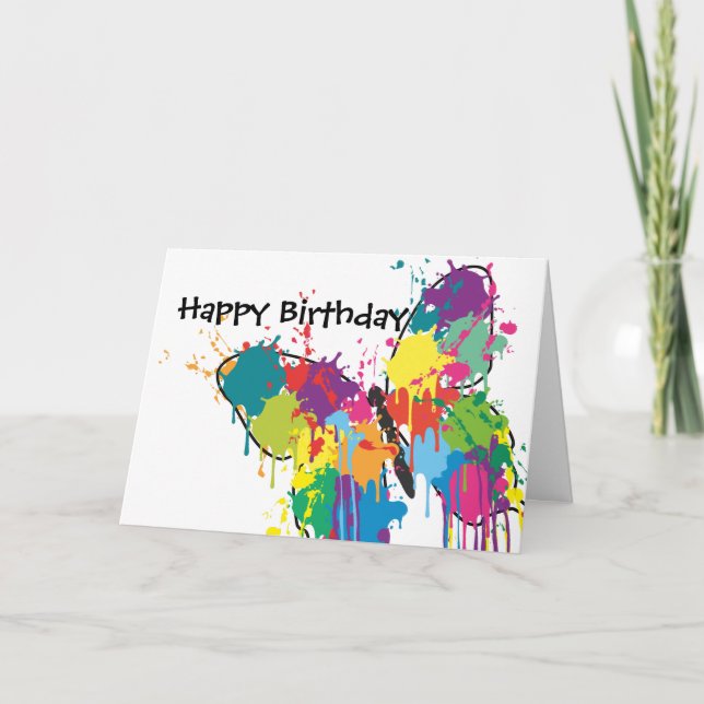 Abstract Paint Splash Butterfly Happy Birthday Card (Front)