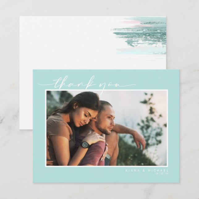 Abstract Paint Stroke Wedding Thank You Teal ID886 Card (Front/Back)