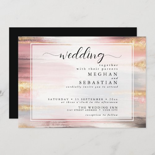 Abstract Paint Strokes Blush Gold Charcoal Invitation