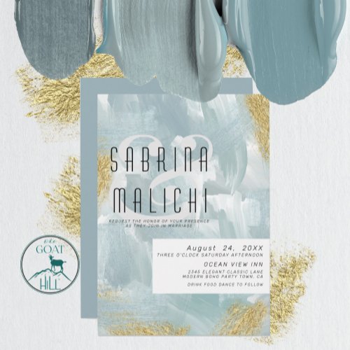 Abstract Paint Strokes Dusty Blue Gold Invitation