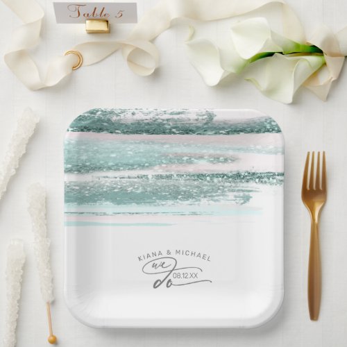 Abstract Paint Strokes Wedding We Do Teal ID886 Paper Plates