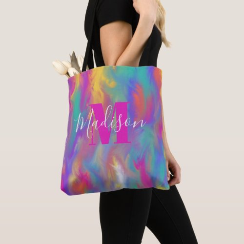 Abstract Paint Teal Yellow Purple Pink Monogram  Tote Bag