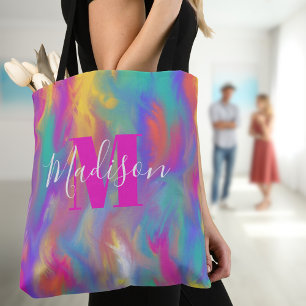 Abstract Paint Teal Yellow Purple Pink Monogram Tote Bag