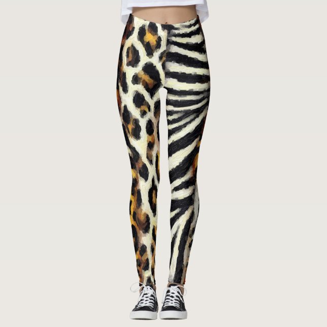 Abstract Painted Mixed Wild Animal Print Leggings (Front)