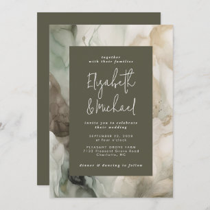 Abstract Painted Modern Dark Green Wedding Invitation