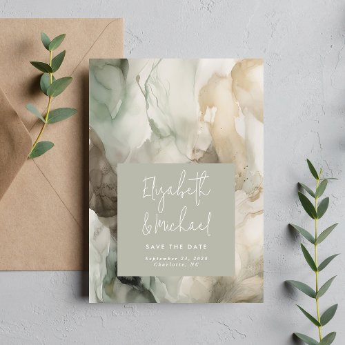 Abstract Painted Modern Sage Green Photo Wedding Save The Date