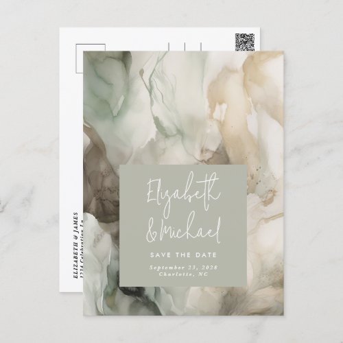 Abstract Painted Modern Sage Green Save the Date Postcard