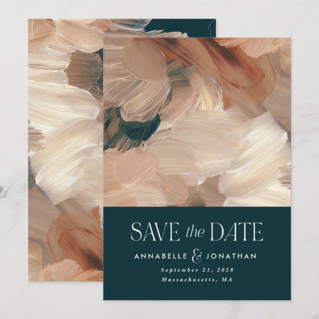 Abstract painted modern teal cream terracotta chic invitation (Front/Back)