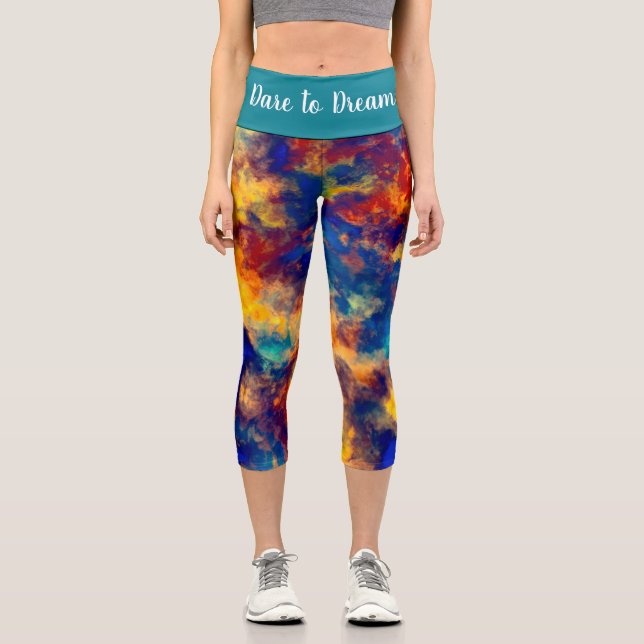 Abstract Painting Blue Yellow Red Capri Leggings (Front)