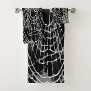 Abstract Painting Of A Grey White Cobweb On Black Bath Towel Set