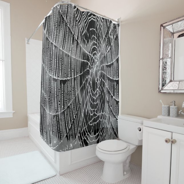 Abstract Painting Of A Grey White Cobweb On Black Shower Curtain (In Situ)