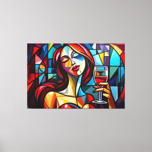 Abstract painting of woman enjoying wine on canvas