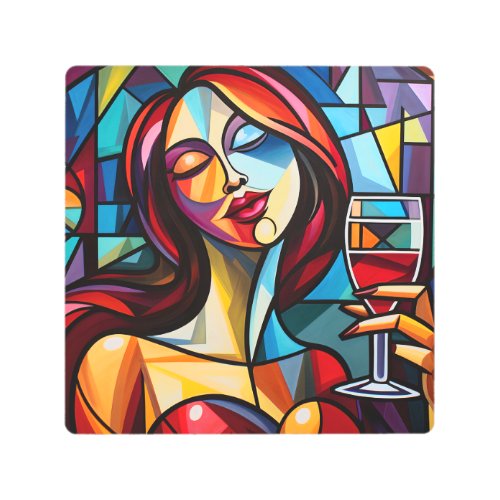 Abstract painting of woman enjoying wine on canvas metal print