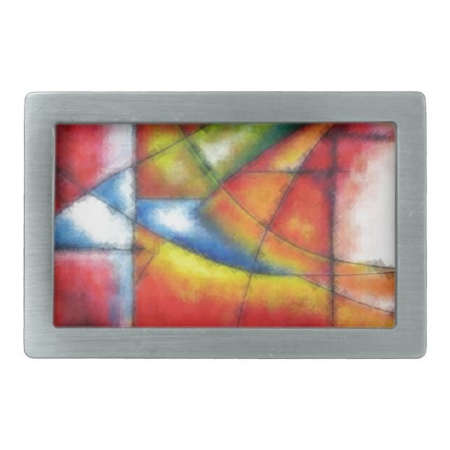 abstract painting red yellow green blue rectangular belt buckle (Front)