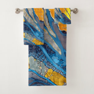 Abstract painting, stripes, gold, silver, blue bath towel set