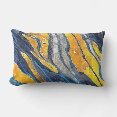 Abstract painting stripes gold silver blue lumbar pillow