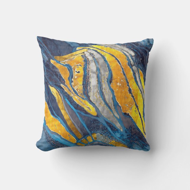 Abstract painting, stripes, gold, silver, blue outdoor pillow (Front)