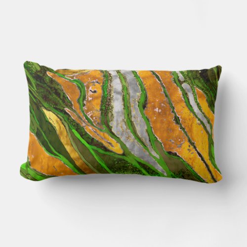 Abstract painting stripes gold silver green lumbar pillow
