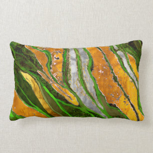 Abstract painting, stripes, gold, silver, green lumbar pillow