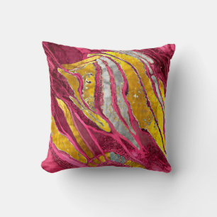 Abstract painting, stripes, gold, silver, pink throw pillow