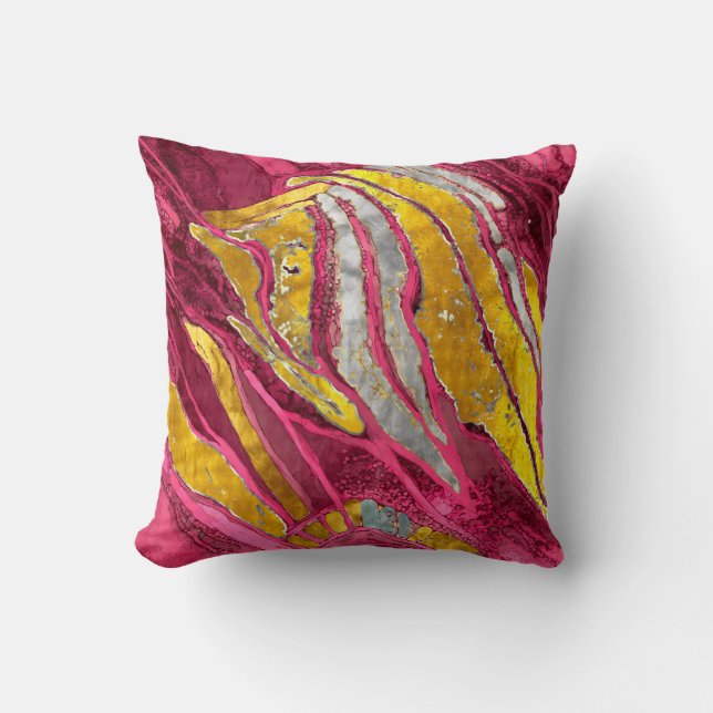 Abstract painting, stripes, gold, silver, pink throw pillow (Front)