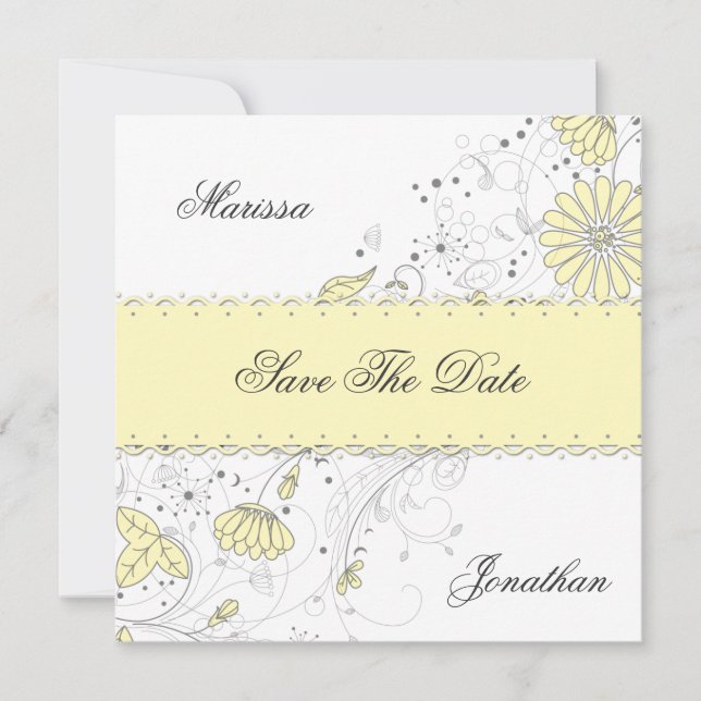 Abstract Pale Yellow Gray Flowers Save The Date (Front)