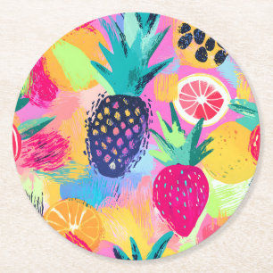 Abstract Paradise Tropical Fruit Fiesta Round Paper Coaster