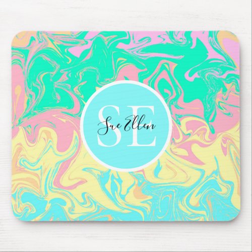 Abstract Pastel Colored Mint Aqua Blue Monogrammed Mouse Pad