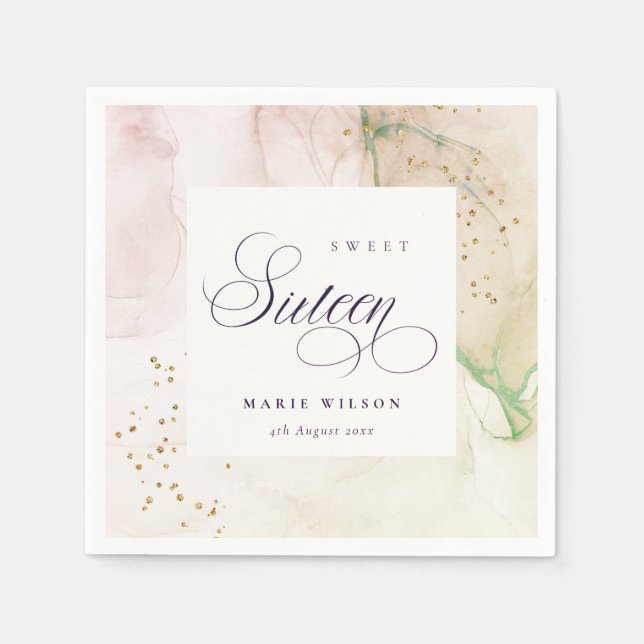 Abstract Pastel Dusky Pink Green Sweet 16 Birthday Napkins (Front)