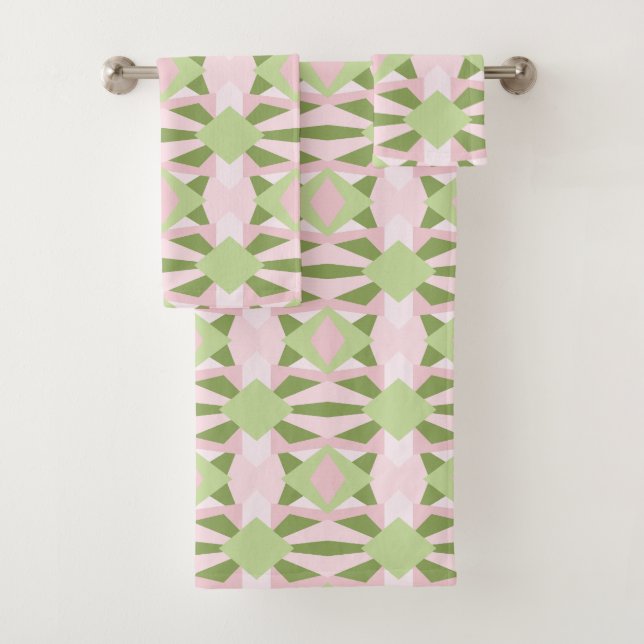 Abstract Pastel Green And Pink Geometric Pattern Bath Towel Set (Insitu)