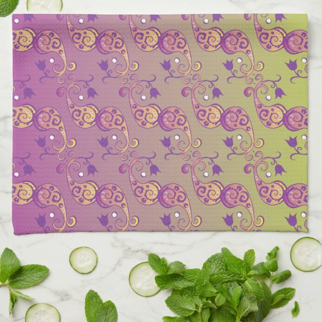 Abstract Pastel Green and Pink Paisley Floral Kitchen Towel (Folded)