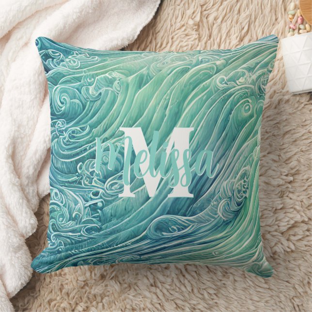 Abstract Pastel Ocean Waves Monogram Throw Pillow (Blanket)