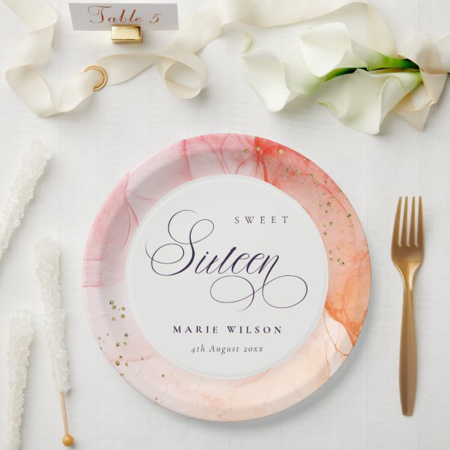 Abstract Pastel Pink Orange Sweet 16 Birthday Paper Plates (Wedding)