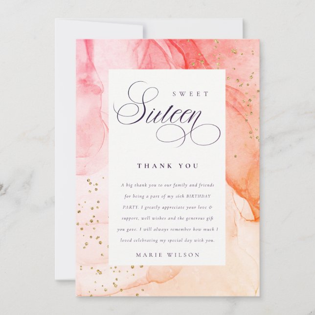Abstract Pastel Pink Orange Sweet 16 Birthday Thank You Card (Front)