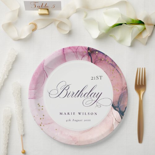 Abstract Pastel Pink Purple Navy Any Age Birthday Paper Plates