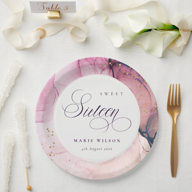 Abstract Pastel Pink Purple Navy Sweet 16 Birthday Paper Plates (Wedding)