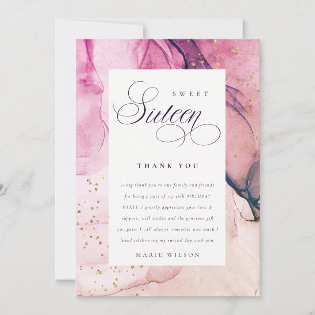 Abstract Pastel Pink Purple Navy Sweet 16 Birthday Thank You Card (Front)