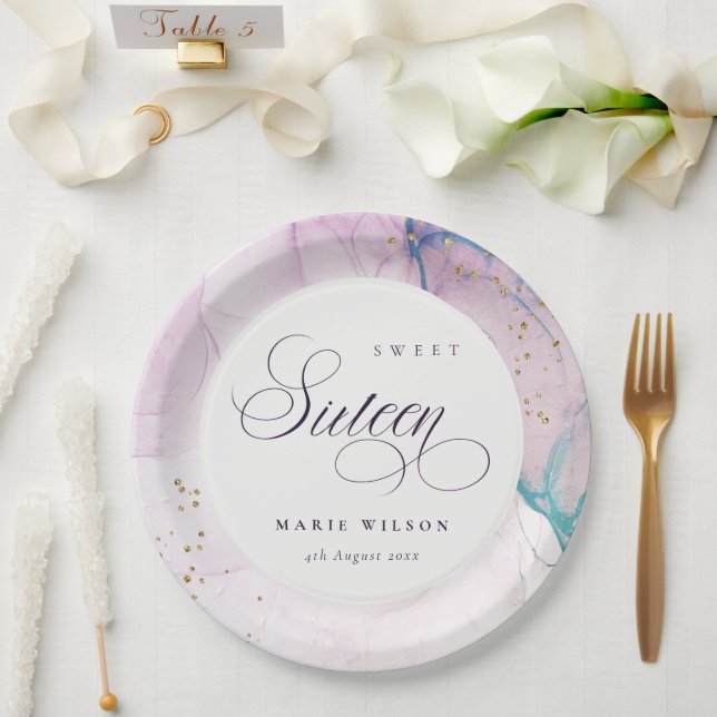 Abstract Pastel Purple Blue Teal Sweet 16 Birthday Paper Plates (Wedding)